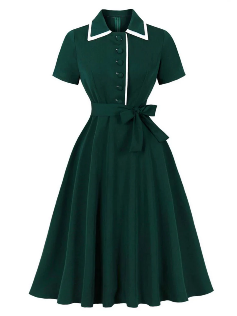 Dark Green 1950s Contrasted Lapel Swing Dress, vintage dress, retro fashion, rockabilly, pin-up fashion - perfect for women who love vintage and retro fashion