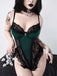 Dark Green 1970s Gothic Velvet Lace Cross Bodysuit - vintage fashion, retro style
