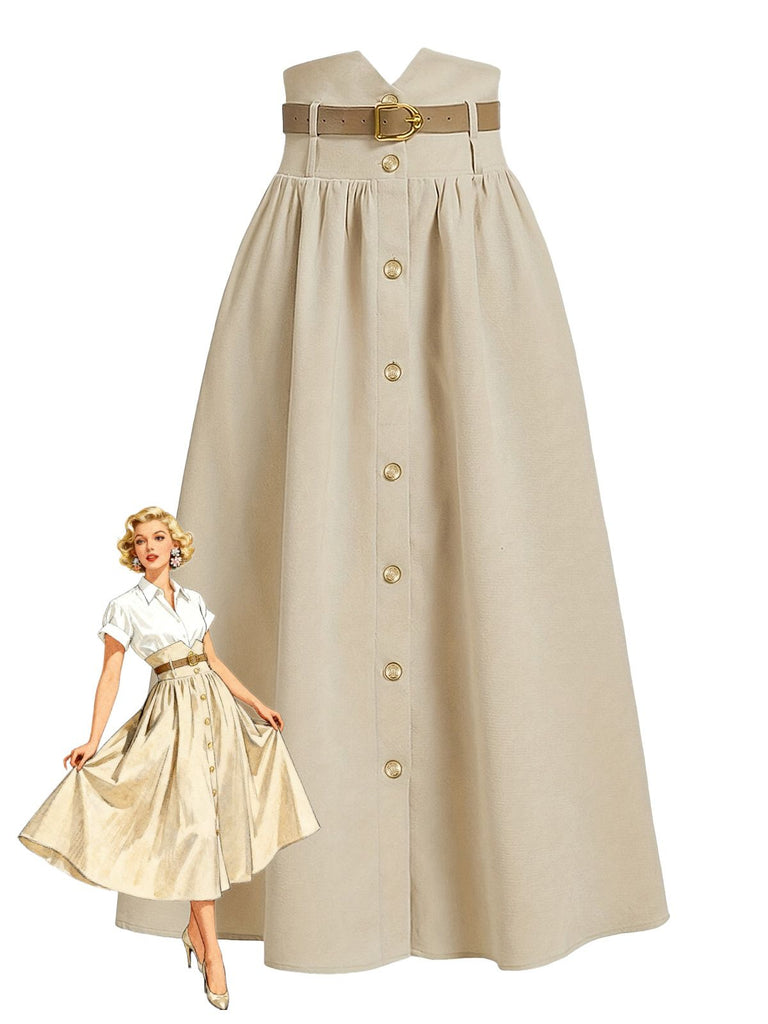 Dark Khaki 1940s Solid Button Belt Pleated Skirt - vintage skirt, retro style