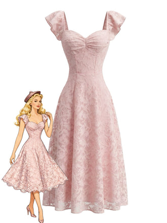 Pink 1950s Sweetheart Jacquard Lace Ruffle Sleeve Dress - vintage dress, retro fashion, rockabilly, pin-up fashion for vintage lovers