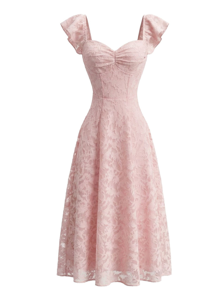Pink 1950s Sweetheart Jacquard Lace Ruffle Sleeve Dress - vintage dress, retro fashion, rockabilly, pin-up fashion for vintage lovers