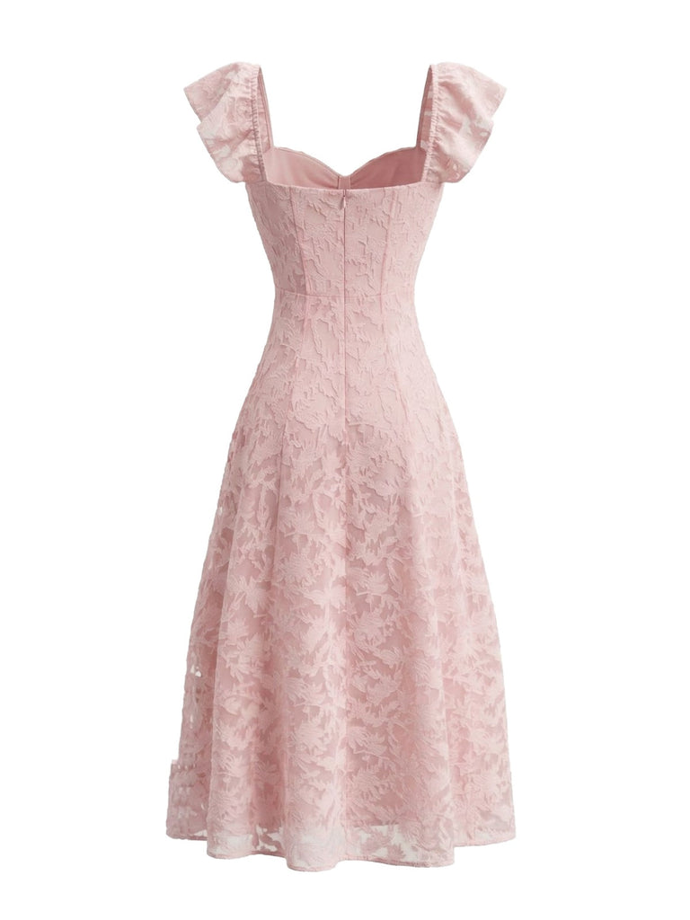 Pink 1950s Sweetheart Jacquard Lace Ruffle Sleeve Dress - vintage dress, retro fashion, rockabilly, pin-up fashion for vintage lovers