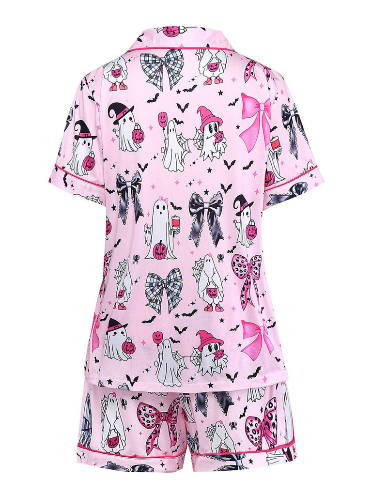 Dark Pink 1970s Halloween Boo Print Pajama Set - vintage fashion, retro style