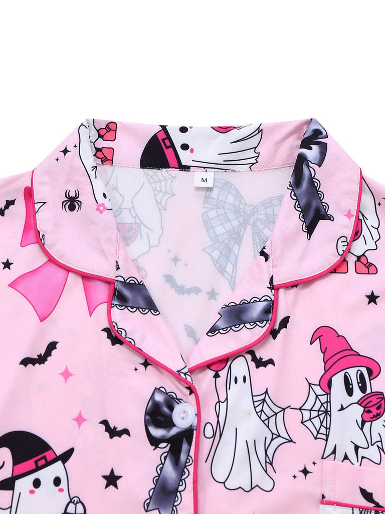 Dark Pink 1970s Halloween Boo Print Pajama Set - vintage fashion, retro style