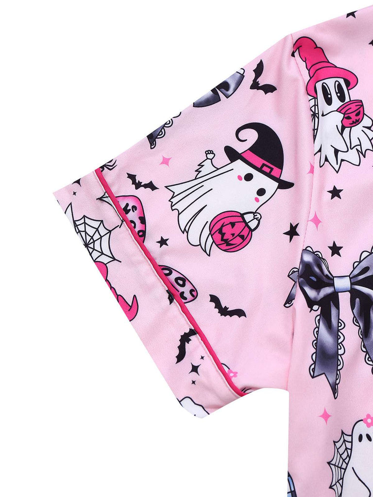 Dark Pink 1970s Halloween Boo Print Pajama Set - vintage fashion, retro style