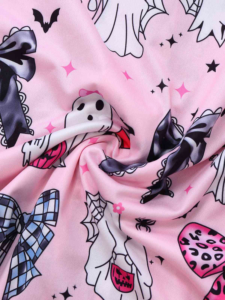 Dark Pink 1970s Halloween Boo Print Pajama Set - vintage fashion, retro style