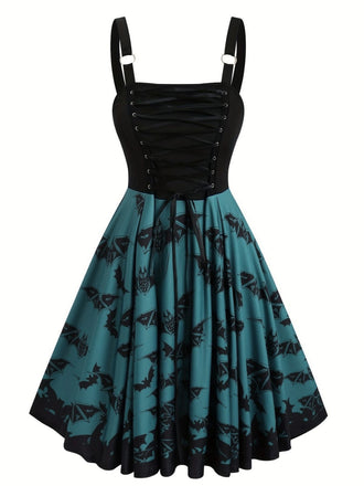 Dark blue 1950s Bat Lace-Up Halloween dress - vintage dress, retro fashion, rockabilly