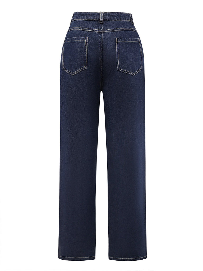 Deep Blue 1950s Denim Straight Leg Pants - vintage fashion, retro style