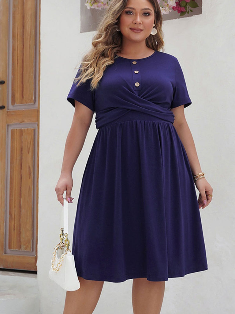 She slips into this Deep Blue 1950s Solid Front Cross Dress and suddenly it's a 1950s daydream