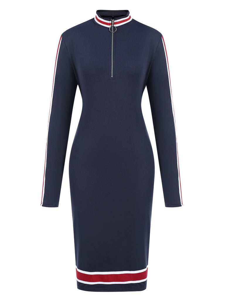 Deep Blue 1960s Stripes Zipper Long Sleeves Dress, vintage dress, retro fashion - perfect for women who love vintage and retro fashion