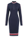 Deep Blue 1960s Stripes Zipper Long Sleeves Dress, vintage dress, retro fashion - perfect for women who love vintage and retro fashion