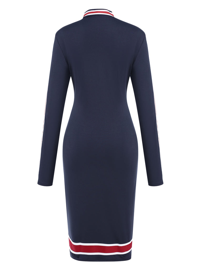 Deep Blue 1960s Stripes Zipper Long Sleeves Dress, vintage dress, retro fashion - perfect for women who love vintage and retro fashion