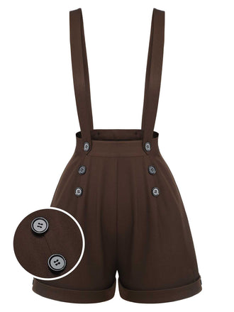 She finds her 1940s story in this Deep Brown 1940s Buttons Overalls Shorts