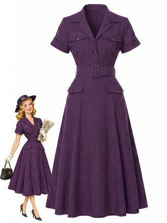 Deep Purple 1940s Floral V Neck Striped Dress