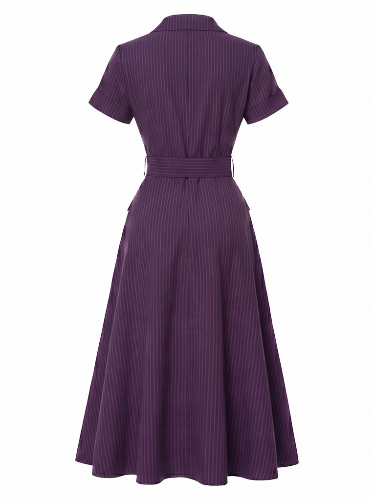 Deep Purple 1940s Floral V Neck Striped Dress 3
