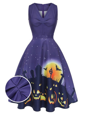 Deep Purple 1950s Halloween V-Neck Swing Dress, vintage dress, retro fashion, rockabilly, pin-up fashion - perfect for women who love vintage and retro fashion
