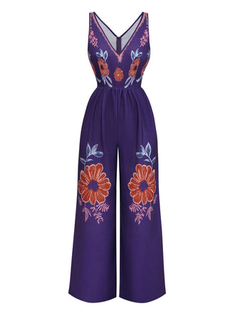 Deep Purple 1970s V-Neck Floral Boho Jumpsuit - vintage jumpsuit, retro fashion