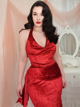 She slips into this Deep Red 1930s Glitter Cowl Neck Mermaid Dress and suddenly it's a 1930s daydream