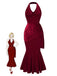 She slips into this Deep Red 1930s Glitter Cowl Neck Mermaid Dress and suddenly it's a 1930s daydream