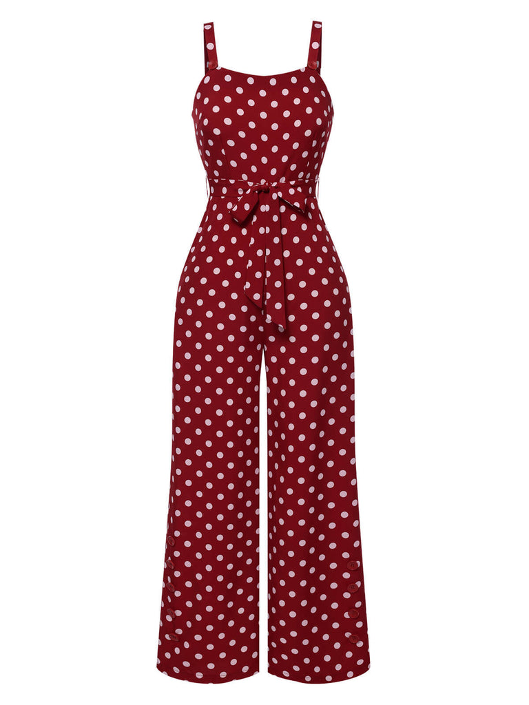 Deep Red 1940s Polka Dot Straps Jumpsuit, vintage romper, retro jumpsuit - perfect for women who love vintage and retro fashion