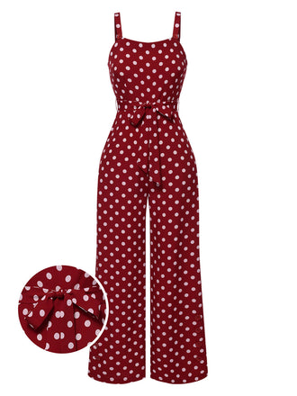 Deep Red 1940s Polka Dot Straps Jumpsuit, vintage romper, retro jumpsuit - perfect for women who love vintage and retro fashion