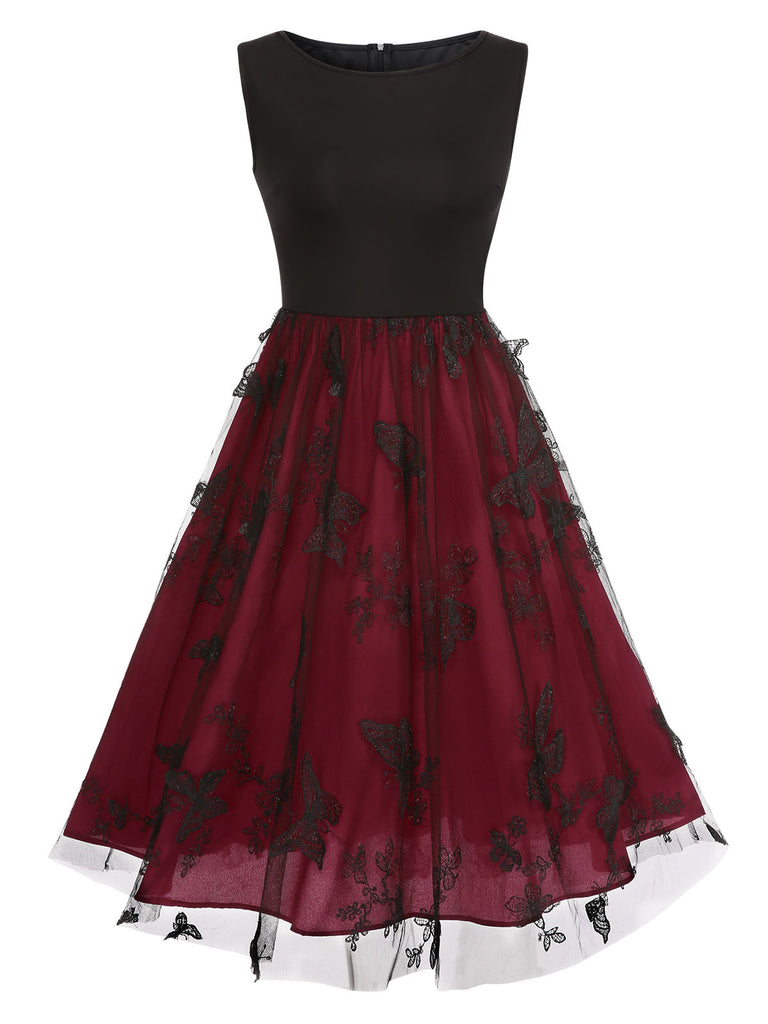Deep Red 1950s Mesh Butterflies Sleeveless Dress, vintage dress, retro fashion, rockabilly, pin-up fashion - perfect for women who love vintage and retro fashion