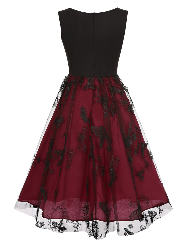 Deep Red 1950s Mesh Butterflies Sleeveless Dress, vintage dress, retro fashion, rockabilly, pin-up fashion - perfect for women who love vintage and retro fashion