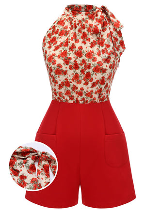 Deep Red 1950s Rose Lace Up Patchwork Romper, vintage romper, retro jumpsuit - perfect for women who love vintage and retro fashion