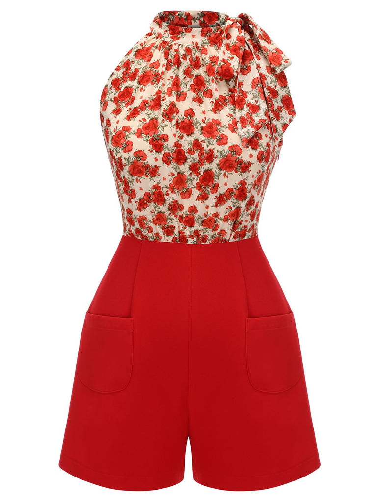 Deep Red 1950s Rose Lace Up Patchwork Romper, vintage romper, retro jumpsuit - perfect for women who love vintage and retro fashion