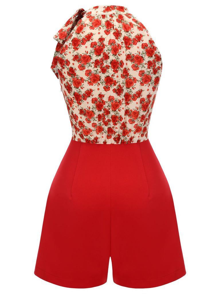 Deep Red 1950s Rose Lace Up Patchwork Romper, vintage romper, retro jumpsuit - perfect for women who love vintage and retro fashion