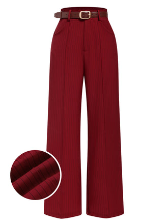 She walks in these Deep Red 1950s Stripes Wide Leg Belted Pants and the world follows