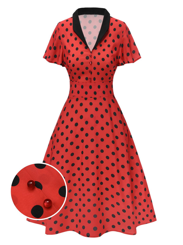 Deep Red 1950s V-Neck Polka Dots Lapel Dress: where 1950s romance meets her modern spirit