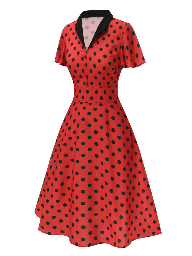Deep Red 1950s V-Neck Polka Dots Lapel Dress — the kind of 1950s dress that makes strangers smile
