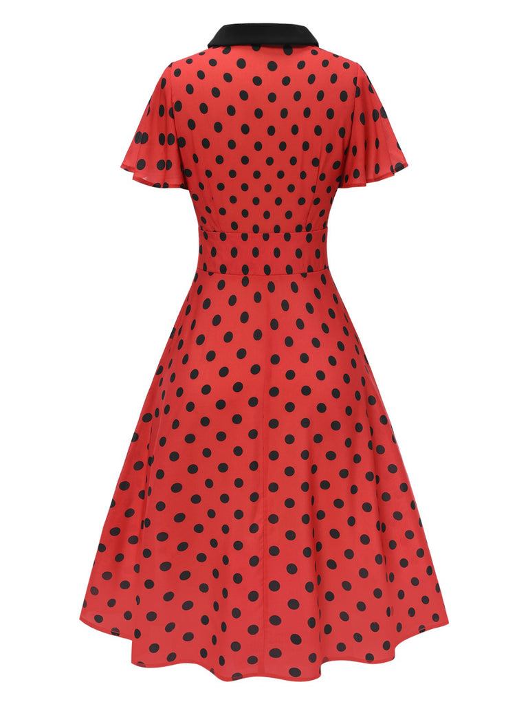 Deep Red 1950s V-Neck Polka Dots Lapel Dress — a 1950s silhouette that turns sidewalks into runways