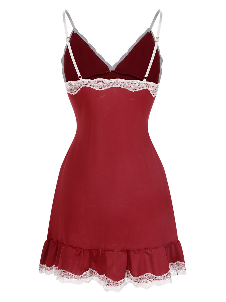 Deep Red 1970s Spaghetti Straps Lace Nightgown, vintage fashion, retro style - perfect for women who love vintage and retro fashion