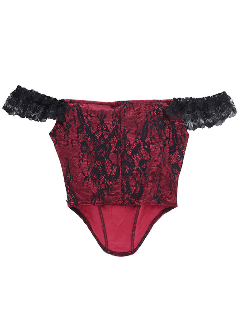 Deep Red 1970s Steampunk Lace Off-Shoulder Top, vintage top, retro blouse - perfect for women who love vintage and retro fashion