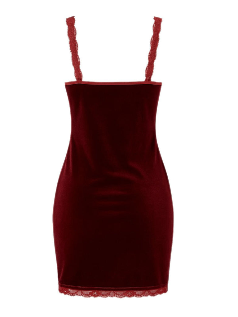 Deep Red 1980s Lace-Up Velvet Strap Nightgown - vintage nightgown, retro sleepwear, elegant red