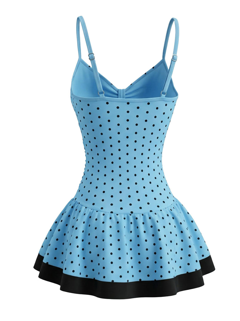 Deep Sky Blue 1950s Polka Dot One Piece Swimsuit, vintage swimsuit, pin-up swimwear - perfect for women who love vintage and retro fashion