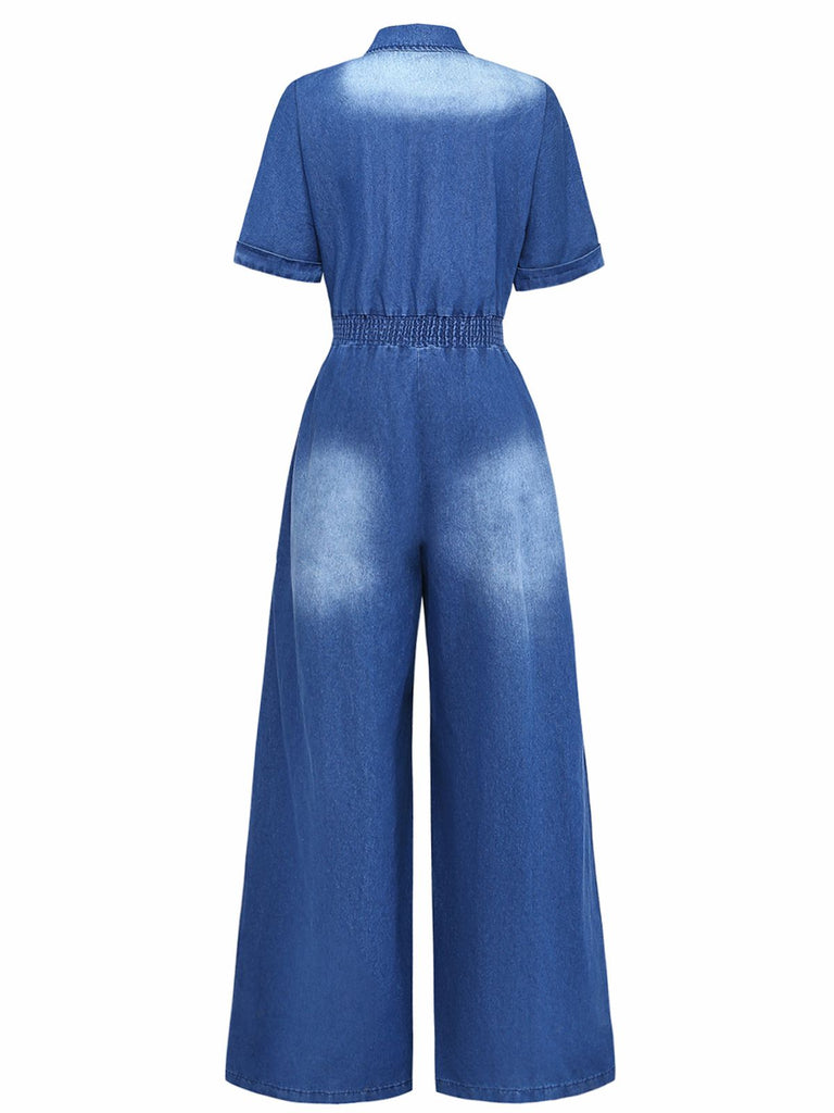 Denim 1970s Lapel Button Belted Waist Jumpsuit - vintage jumpsuit, retro fashion