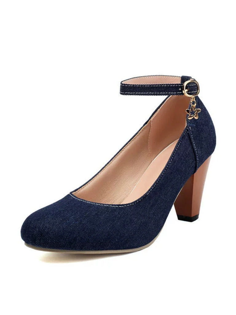 Denim Buckle Mary Janes Chunky Heels - vintage shoes, retro heels