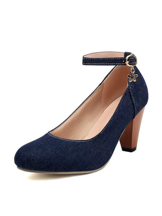 Denim Buckle Mary Janes Chunky Heels - vintage shoes, retro heels