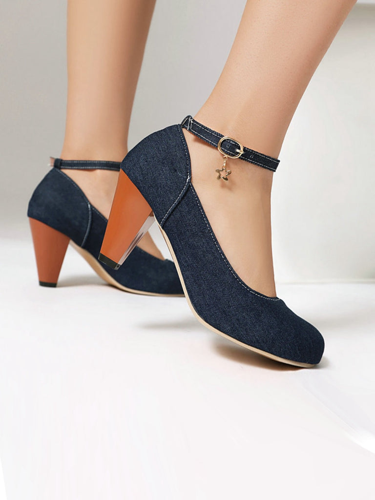 Denim Buckle Mary Janes Chunky Heels - vintage shoes, retro heels