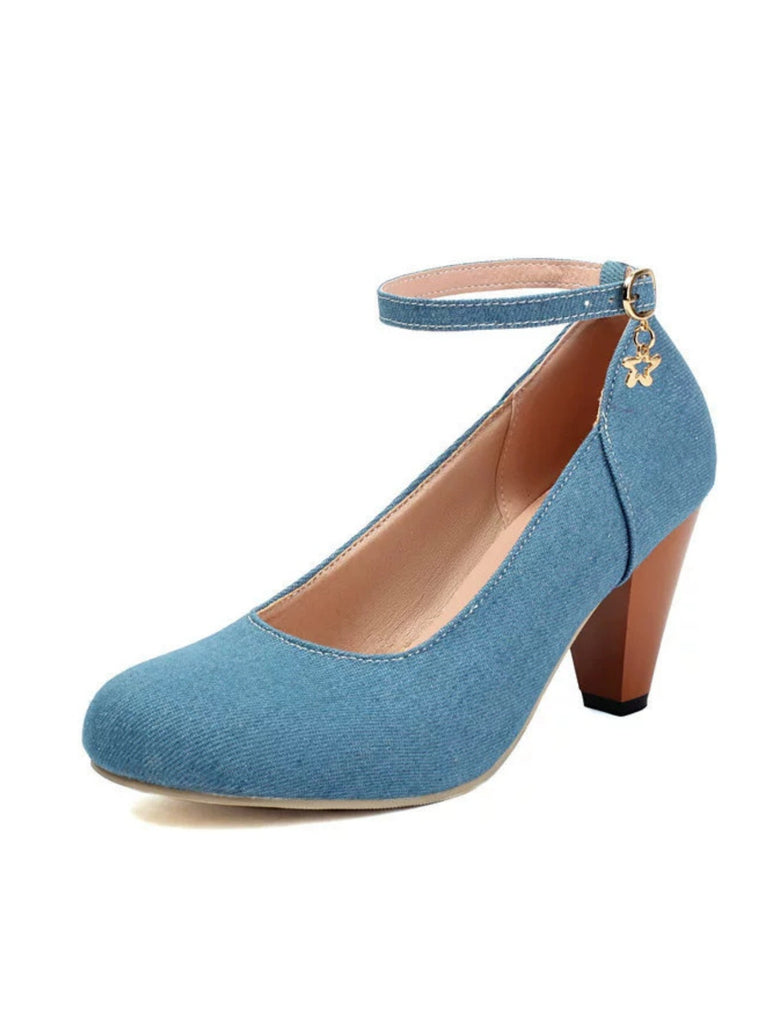 Denim Buckle Mary Janes Chunky Heels - vintage shoes, retro heels