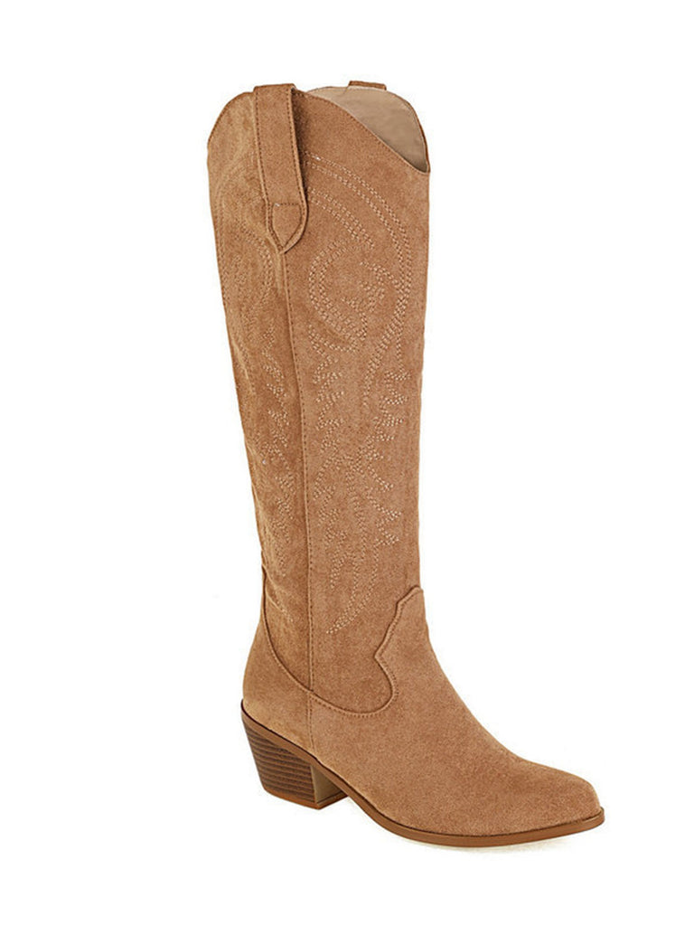 This Embroidered Chunky Heel Mid-Calf Cowboy Boots whispers vintage secrets to those who notice