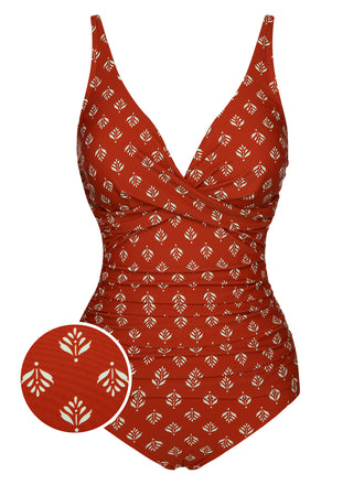 Fire Brick Red 1940s Leaves V-Neck Swimsuit, vintage swimsuit, pin-up swimwear - perfect for women who love vintage and retro fashion