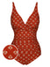 Fire Brick Red 1940s Leaves V-Neck Swimsuit, vintage swimsuit, pin-up swimwear - perfect for women who love vintage and retro fashion