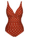 Fire Brick Red 1940s Leaves V-Neck Swimsuit, vintage swimsuit, pin-up swimwear - perfect for women who love vintage and retro fashion
