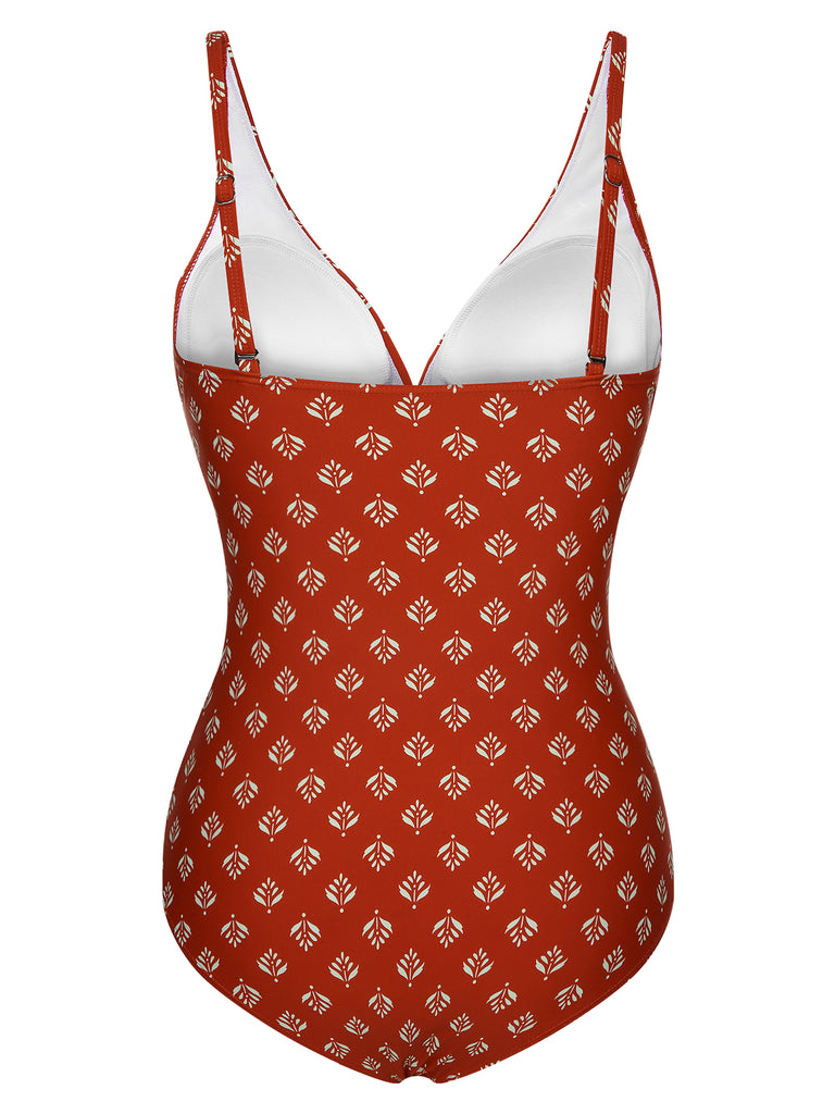 Fire Brick Red 1940s Leaves V-Neck Swimsuit, vintage swimsuit, pin-up swimwear - perfect for women who love vintage and retro fashion