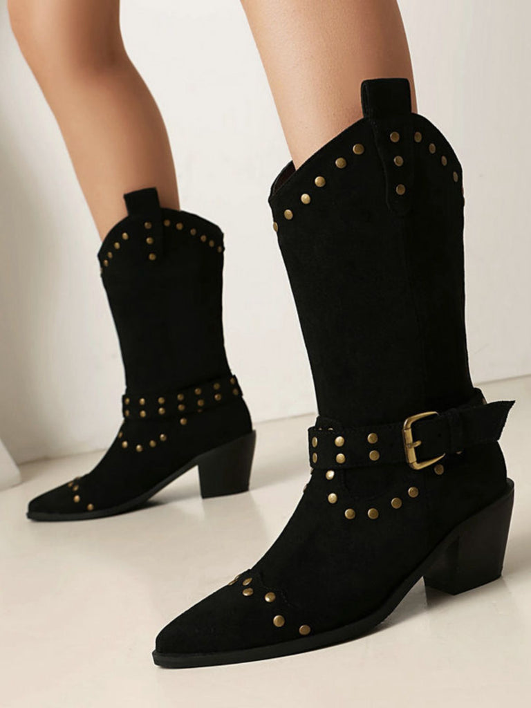 Flannelette Studded Wingtip Toe Chunky Heel Boots - vintage shoes, retro heels