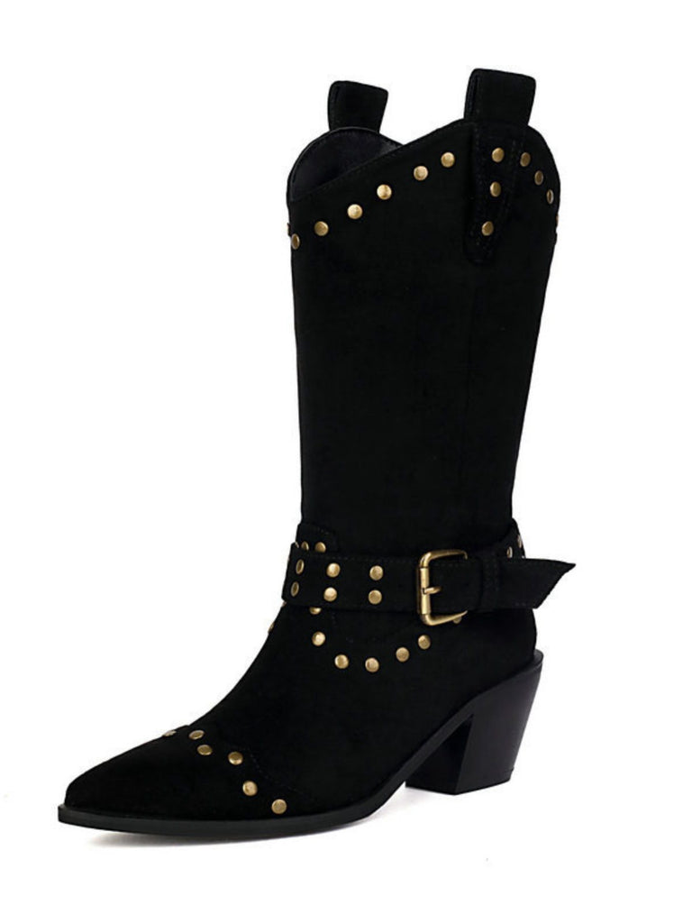 Flannelette Studded Wingtip Toe Chunky Heel Boots - vintage shoes, retro heels